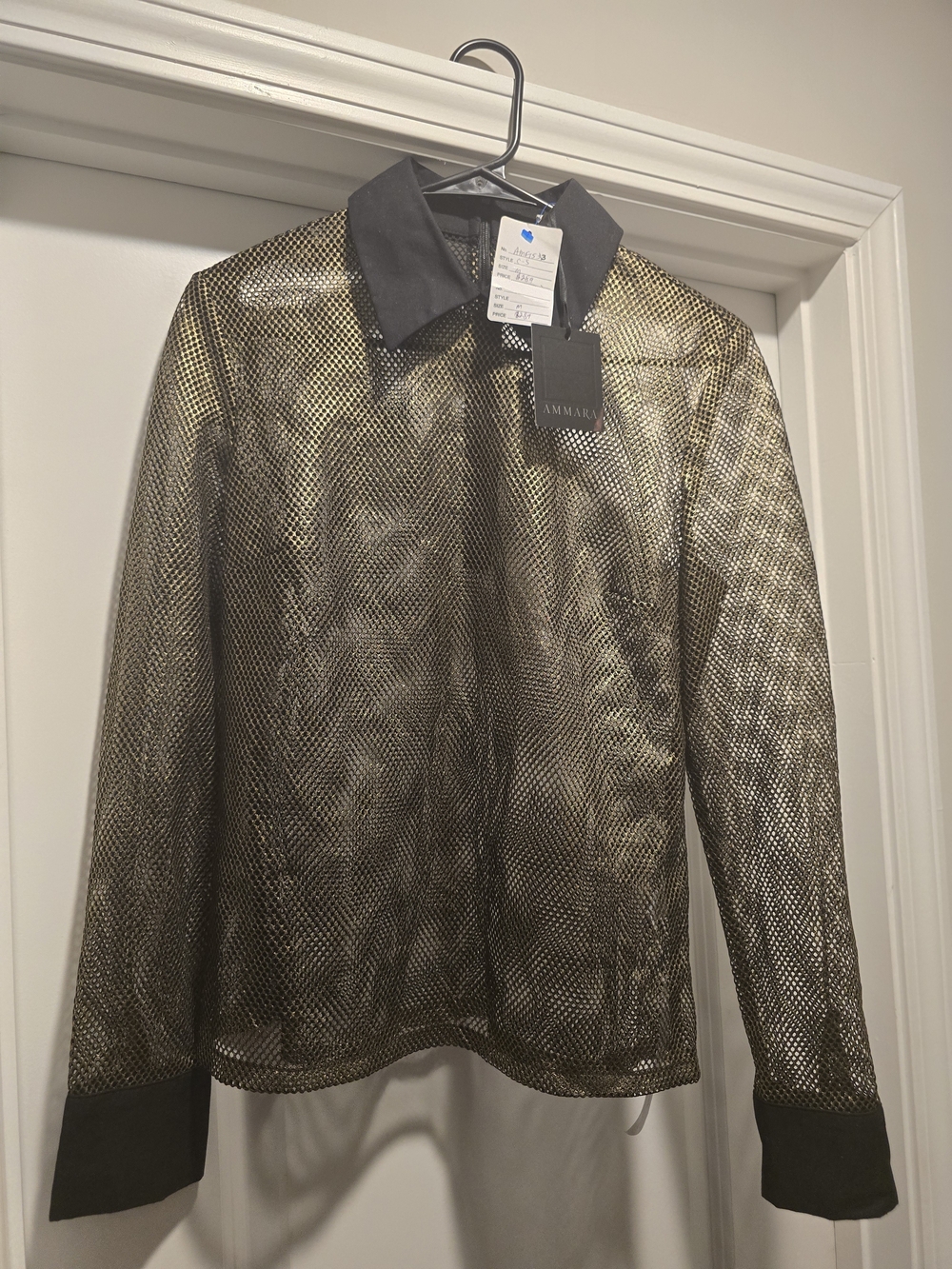 NWT AMMARA NYC Gold Metallic Mesh Back Zip Blouse Collar Top M $289